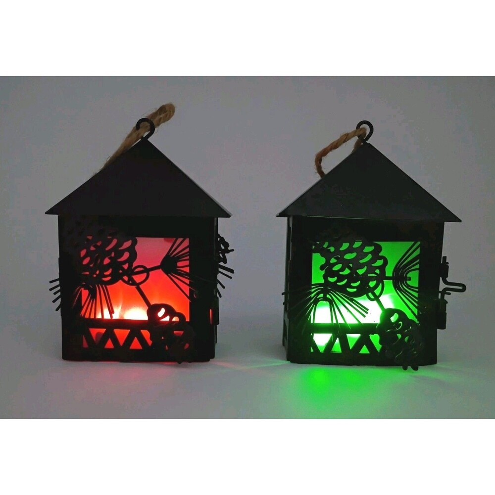 Rustic Metal Hanging Lantern With Pinecone Design Set Of 2 Votive Size Jute Hang